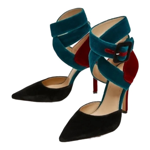 ZARA Teal Burgundy Velvet Ankle Strap Colorblock Heels Size 8 - Picture 5 of 10